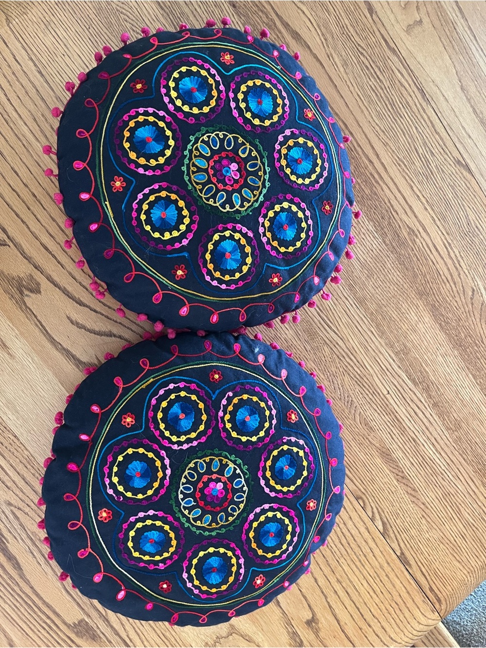 Embroidered Round Decorative Throw Pillow Pair - black with Multicolor Accents
